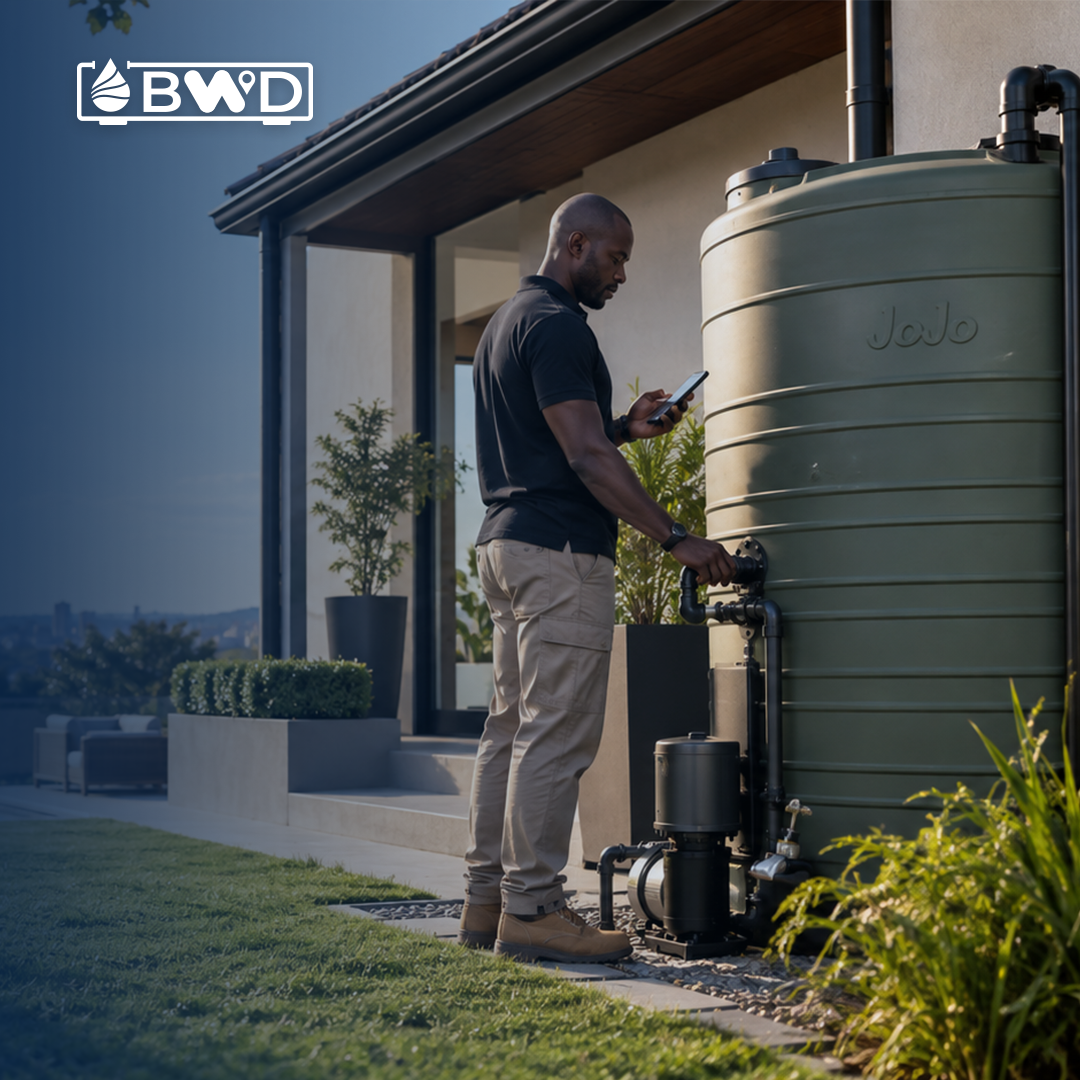 Homeowner checking a JoJo tank and backup water system before a planned water outage in Gauteng