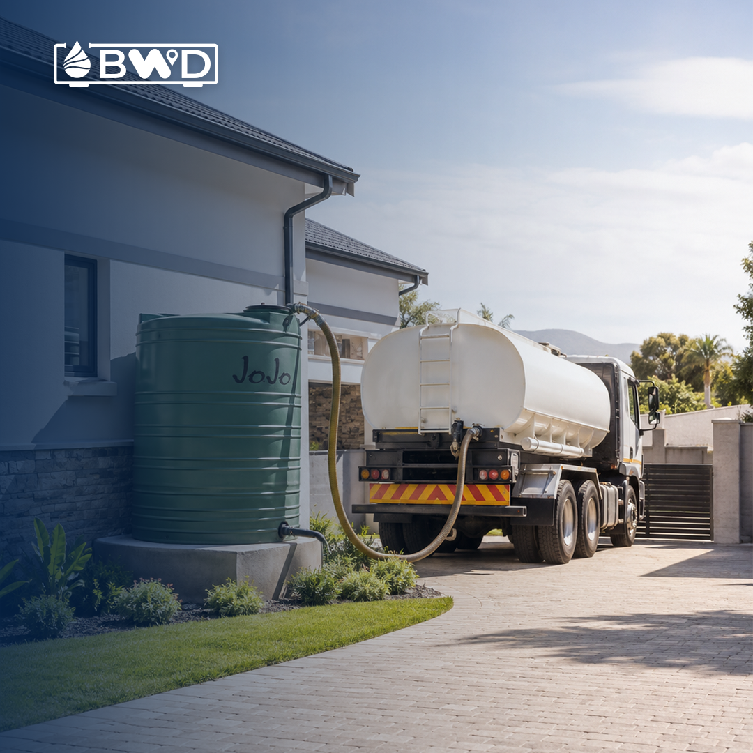 Bulk Water Delivery tanker refilling a JoJo water tank at a residential home in Gauteng during a municipal water outage