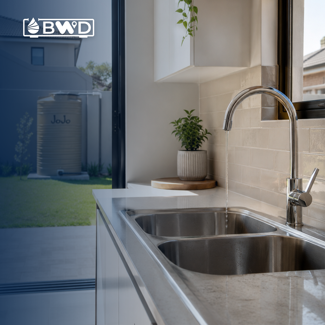 Kitchen tap running from a backup JoJo tank during a water outage at a Gauteng home
